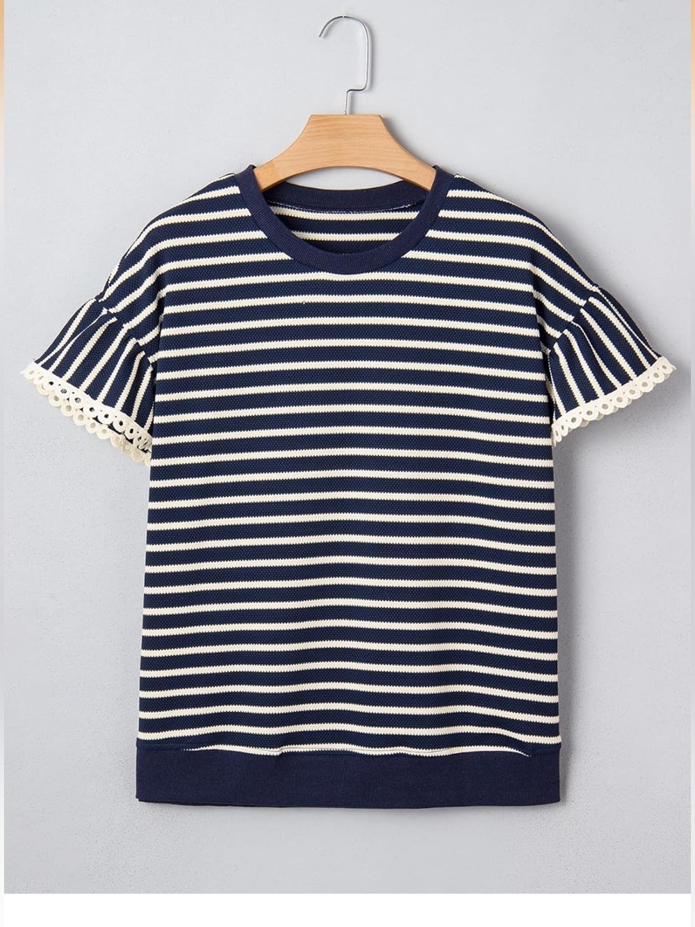 Striped Navy and Cream Short Sleeve Knit Top with ruffle sleeves